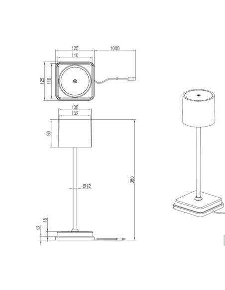 Lampe de table extérieure autonome rechargeable - Trio - Fernandez - dessin technique