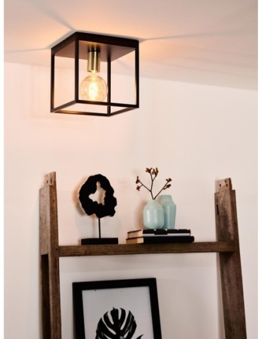 Lucide - Plafonnier Ruben - forme cage - métal noir mat - culot laiton