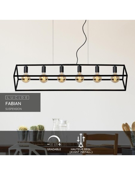 Suspension Dimmable 6xE27 40W IP20 Métal Noir - Lucide - Fabian
