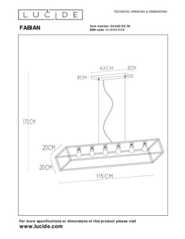 Suspension Dimmable 6xE27 40W IP20 Métal Noir - Lucide - Fabian
