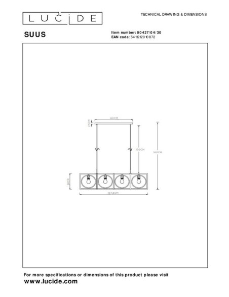 Lucide SUUS Suspension 4xE27 Noir | Deko Light