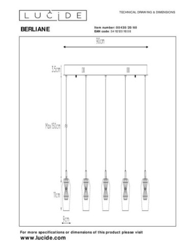 Lucide BERLIANE Suspension LED Dim. 5x4W 2700K Transparent | Deko Light