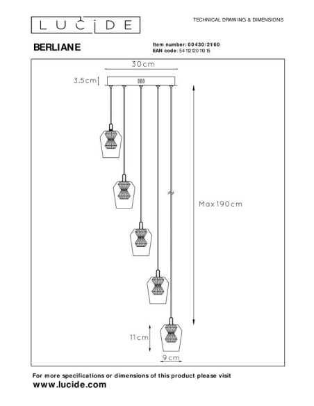 Lucide BERLIANE Suspension Diam. 34 cm LED Dim. 5x4W 2700K Transparent | Deko Light