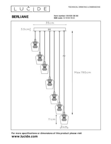 Suspension Led 5x4w métal or et verre - Lucide - Berliane