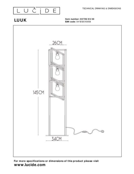 Luuk - Lucide - Lampadaire Led  3xE27  Métal Noir - dessin technique