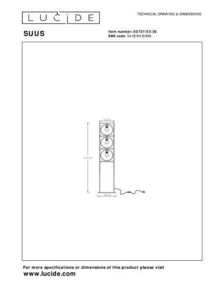 Suus  de Lucide - Lampadaire Led  3xE27  - dessin technique