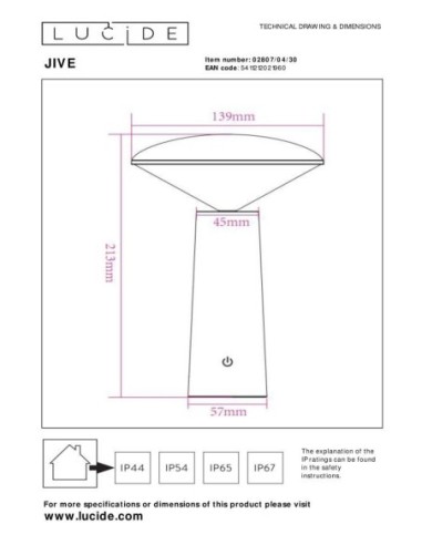 Jive de Lucide - Lampe de table autonome étanche - dessin technique