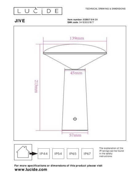 Lucide - Jive - Lampe de table autonome étanche blanc Mat - dessin technique