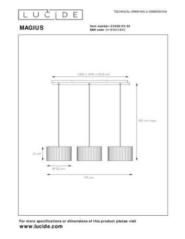 Suspension 3xE27 40 W IP20 Dimmable, Naturel et Noir - Lucide - Magius