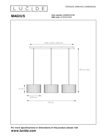 Suspension 3xE27 40 W IP20 Dimmable, Naturel et Noir - Lucide - Magius