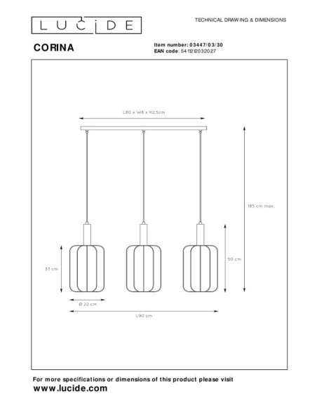 Corina  de Lucide - Suspension abat-jour textile - dessin technique