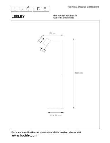 Lesley de Lucide - Lampadaire/lampe de lecture Led GU10 - dessin technique