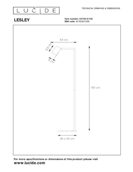 Lesley de Lucide - Lampadaire/lampe de lecture Led GU10 - dessin technique