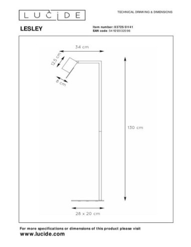Lesley  de Lucide - Lampadaire/lampe de lecture Led  - dessin technique