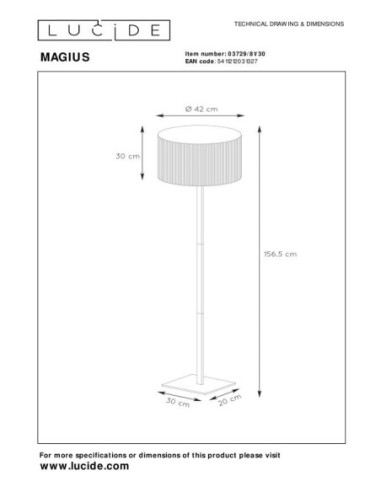 Magius  de Lucide  - Lampadaire métal noir abat-jour bambou - E27  - dessin technique