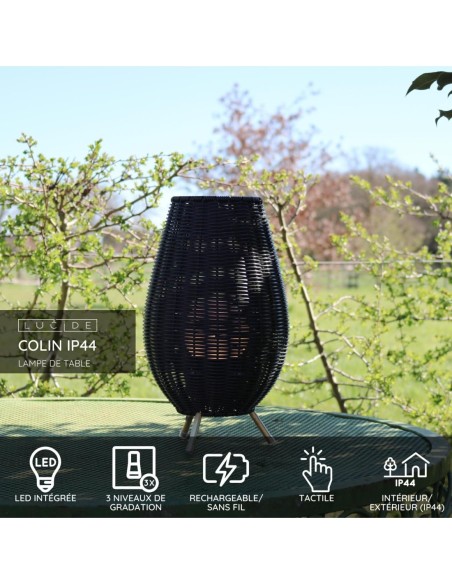 Lampe de table Rechargeable Int/Ext LED 1x3W 180 LM 3000K IP44 Noir - Lucide - Colin