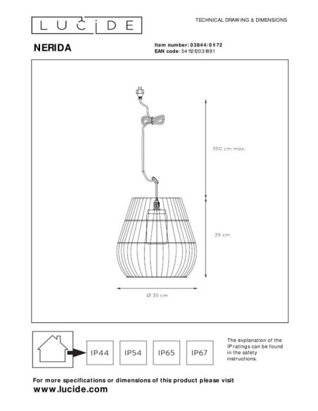Nerida  de Lucide - Suspension intérieur/extérieur IP44 E27 naturel - dessin technique