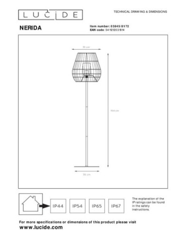Nerida de Lucide -  Lampadaire intérieur/extérieur IP44 E27 naturel  - dessin technique