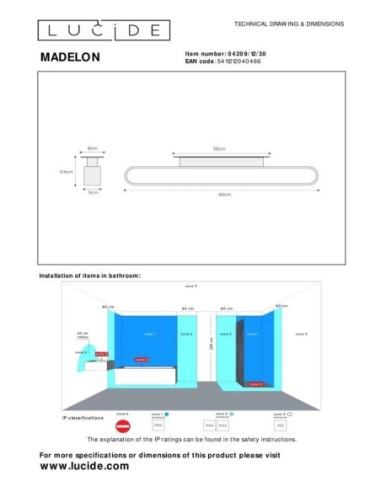 Lucide - Madelon - Applique Led étanche salle de bain 9W - dessin technique