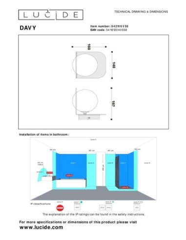 Lucide - Davy - Applique murale Salle de bains - dessin technique
