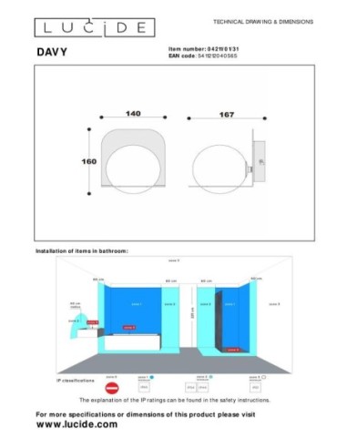 Davy de Lucide - Applique murale Salle de bains LED - dessin technique