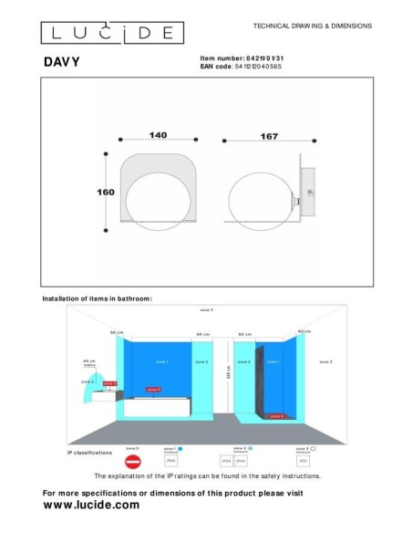 Davy de Lucide - Applique murale Salle de bains LED - dessin technique