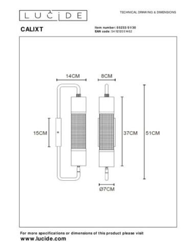 Calixt  de Lucide - Applique murale tube style contemporain - E27 - dessin technique