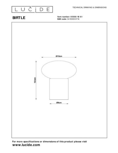 Lampe de table Birtle de Lucide - dessin technique
