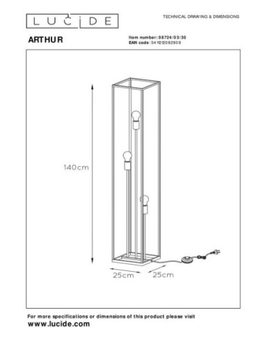 Arthur  de Lucide - Lampadaire Led  3xE27  Métal Noir - dessin technique