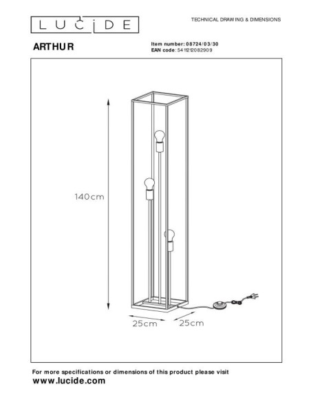 Arthur  de Lucide - Lampadaire Led  3xE27  Métal Noir - dessin technique
