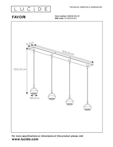 Favori  de Lucide - Suspension intérieure Led 4 points lumineux - dessin technique