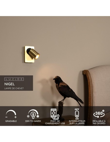 Lucide NIGEL Lampe de chevet / Applique mural LED Dim to warm GU10 1x5W 2200K/3000K Point de rechargement USB Or Mat / Laiton |