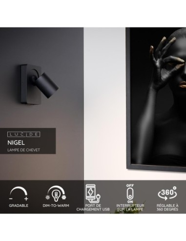 Lucide NIGEL Lampe de chevet / Applique mural LED Dim to warm GU10 1x5W 2200K/3000K Point de rechargement USB Noir | Deko Light