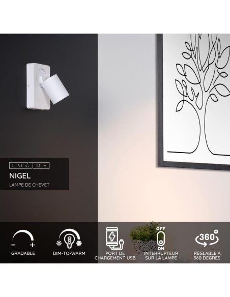 Lucide NIGEL Lampe de chevet / Applique mural LED Dim to warm GU10 1x5W 2200K/3000K Point de rechargement USB Blanc | Deko Light