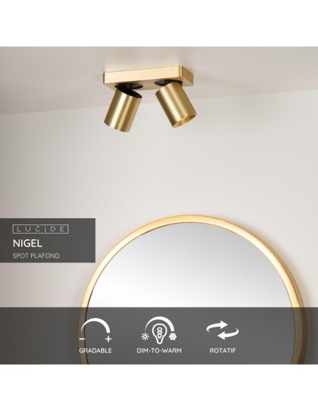 Lucide NIGEL Spot plafond LED Dim to warm GU10 2x5W 2200K/3000K Or Mat / Laiton | Deko Light