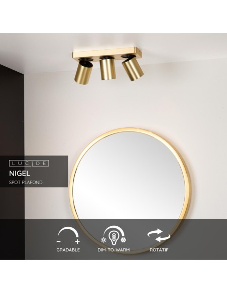 Lucide NIGEL Spot plafond LED Dim to warm GU10 3x5W 2200K/3000K Or Mat / Laiton | Deko Light