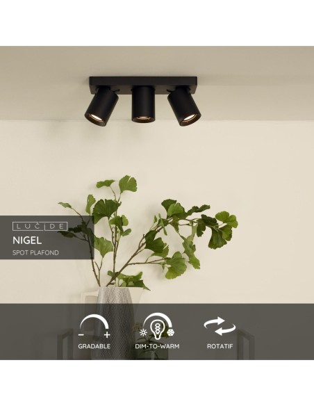Lucide NIGEL Spot plafond LED Dim to warm GU10 3x5W 2200K/3000K Noir | Deko Light