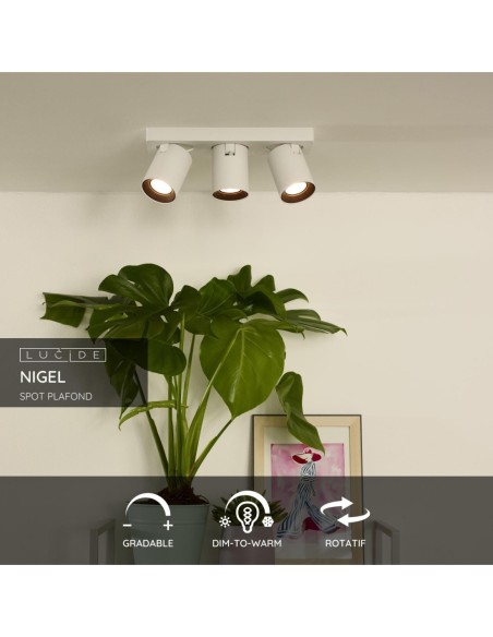 Lucide NIGEL Spot plafond LED Dim to warm GU10 3x5W 2200K/3000K Blanc | Deko Light