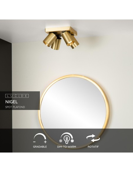Lucide NIGEL Spot plafond LED Dim to warm GU10 4x5W 2200K/3000K Or Mat / Laiton | Deko Light
