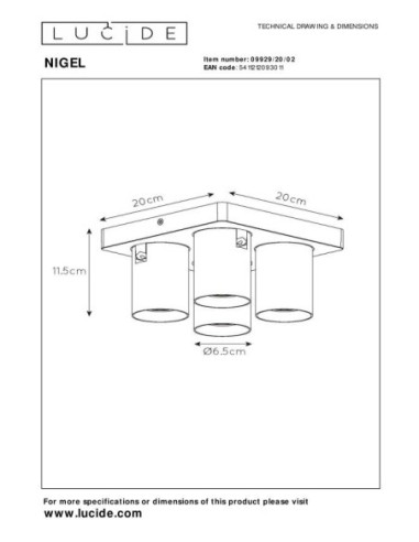 Plafonnier LED Dim to warm GU10 4x5W 2200K/3000K Or Mat - Lucide - Nigel