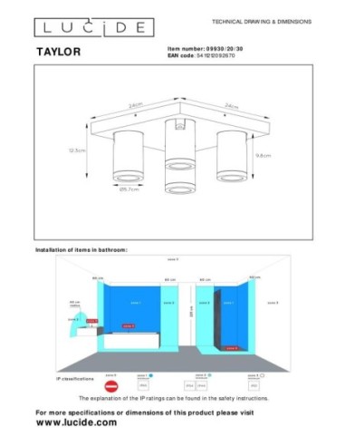 Plafonnier LED Dim to warm GU10 4x5W 2200K/3000K IP44 Noir - Lucide - Taylor