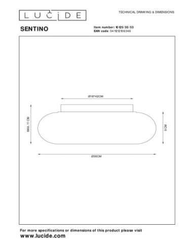 Sentino de Lucide - Plafonnier verre et métal  - dessin technique