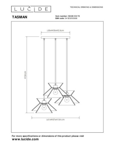Suspension Led 3xE27 60 W Dimmable  Naturel - Lucide - Tasman