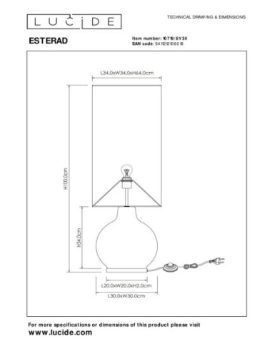 Lampadaire Diam. 34 cm 1xE27 60W Verre et Tissu Noir - Lucide- Esterad