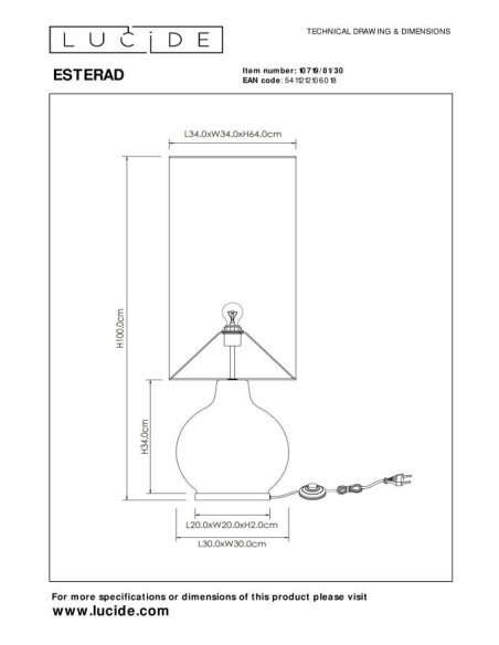 Lampadaire Diam. 34 cm 1xE27 60W Verre et Tissu Noir - Lucide- Esterad
