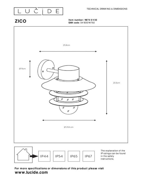 Applique murale extérieur 60W 1xE27 IP44 Noir - ZICO - Lucide