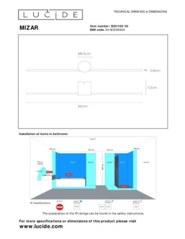 Mizar de Lucide - Applique murale Salle de bains - dessin technique