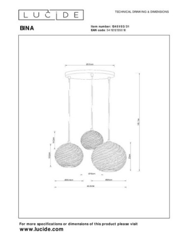 Bina  de Lucide - Suspension porcelaine blanche 3xE27 - dessin technique