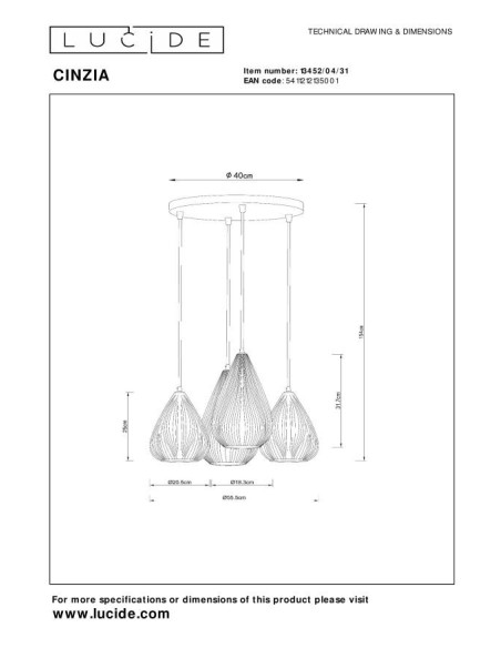 Cinzia de Lucide - Suspension Led  4xE27 - dessin technique