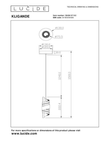 Lucide KLIGANDE Suspension Diam. 13 cm LED 1x9W 2700K Or Mat / Laiton | Deko Light